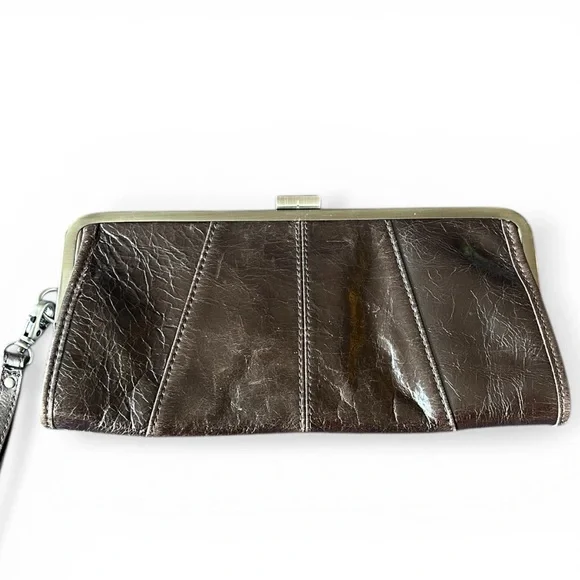 Kenneth Cole Reaction Brown Leather Frame Clutch Wristlet Kiss Lock Bag - Picture 2 of 14